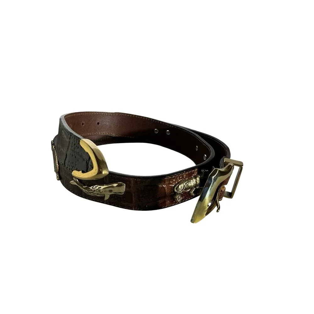 Honest by Brighton Safari Animal Belt Bren Leather Gold Tone Sz 32 Croc Embossed
